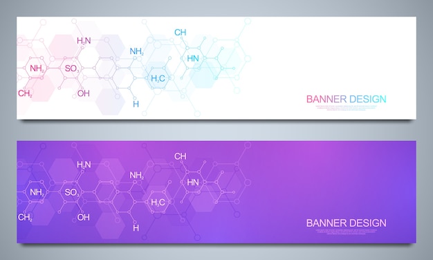 Plantilla de banners y encabezados para sitio con antecedentes de química abstracta y fórmulas químicas. concepto de tecnología de ciencia e innovación. web de decoración y otras ideas.