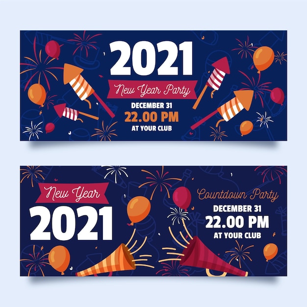 Plantilla de banners de fiesta de año nuevo 2021 dibujados a mano