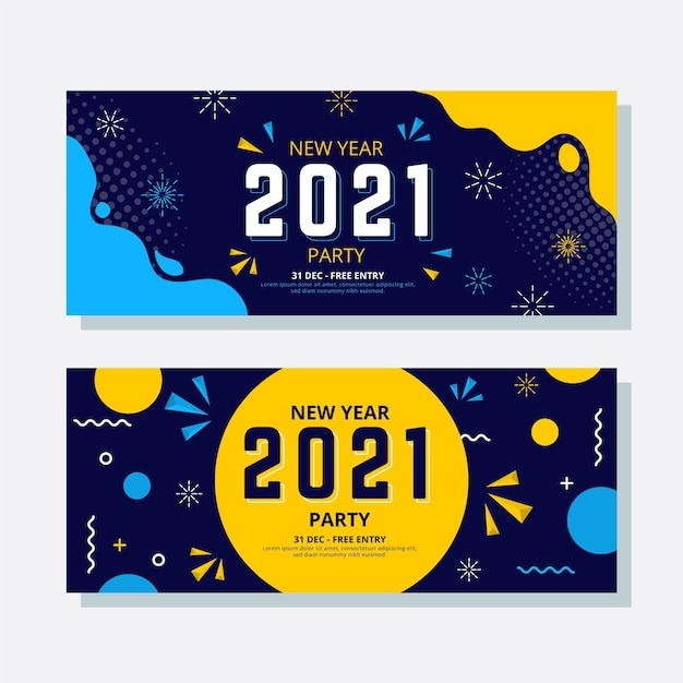 Vector plantilla de banners de fiesta de año nuevo 2021 en diseño plano