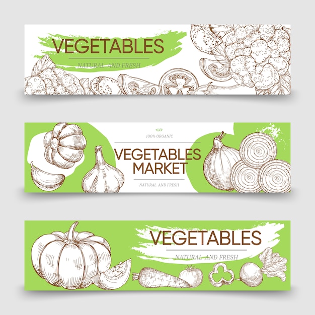 Plantilla de banners horizontales de mercados de verduras con dibujo de verduras