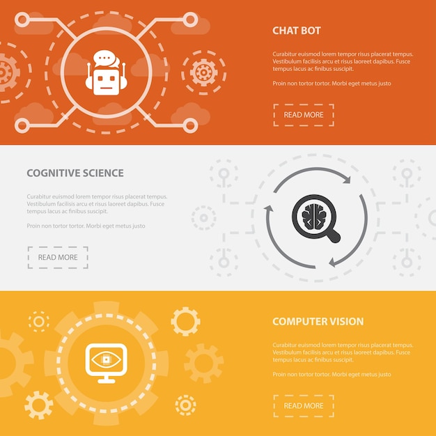 Plantilla de banners de página web horizontal de inteligencia artificial 3 con Chat Bot, ciencia cognitiva, concepto de visión por computadora. Ilustración plana moderna de iconos aislados.