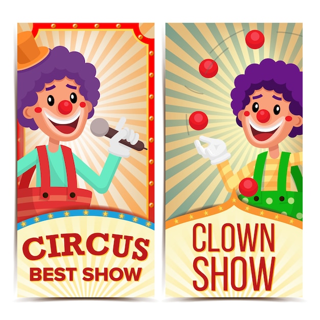 Vector plantilla de banners verticales de circo payaso.