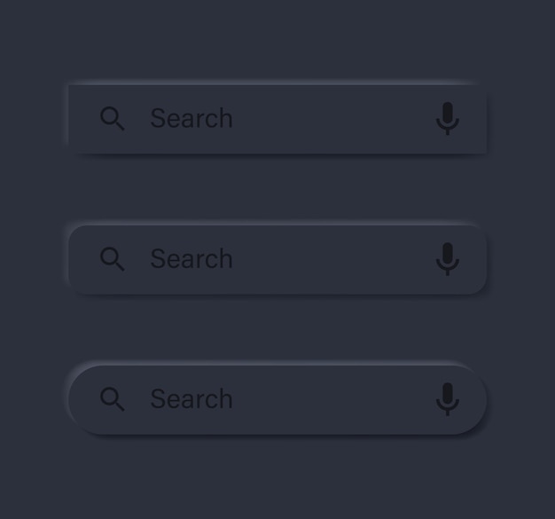 Plantilla de barra de búsqueda neumorfica con icono de voz o cuadros de marco de búsqueda con botones negros de neumorfismo