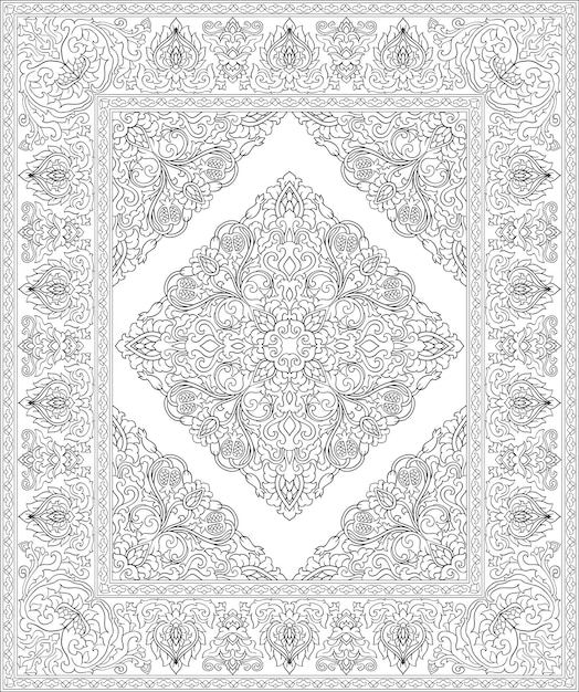 Vector plantilla en blanco y negro para alfombra patrón floral oriental con granada