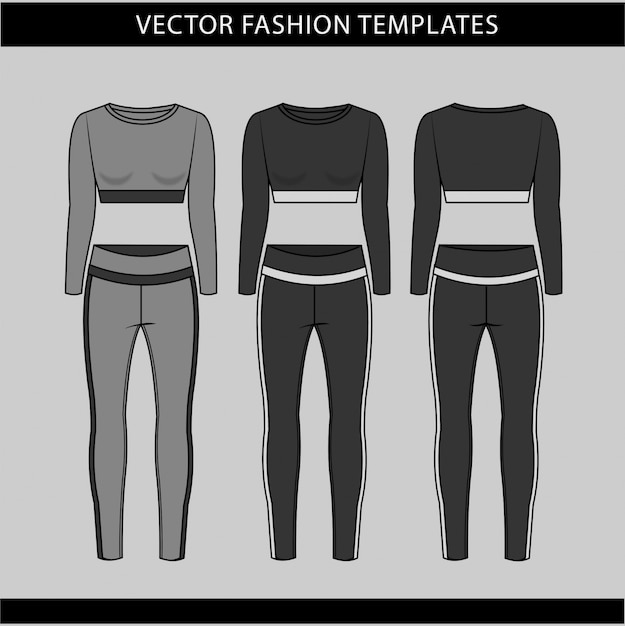 Vector plantilla de boceto plano de moda de ropa deportiva, vista frontal y posterior de ajuste físico