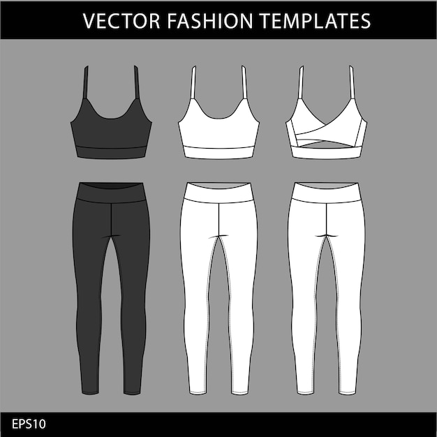 Vector plantilla de boceto plano de moda de ropa deportiva, vista frontal y posterior de ajuste físico.