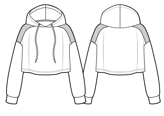 Vector plantilla de boceto plano de moda de sudadera con capucha recortada