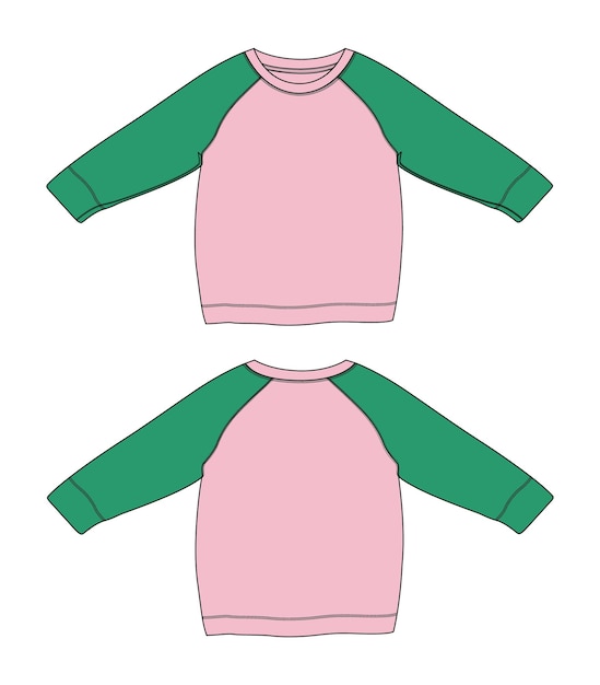 Plantilla de boceto plano de moda técnica de sudadera Raglan de color verde y púrpura de dos tonos para mujer