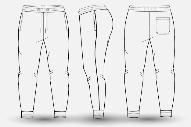 Vector plantilla de boceto plano de pantalón de pantalón e ilustración técnica de moda para el diseño de pantalones y joggers