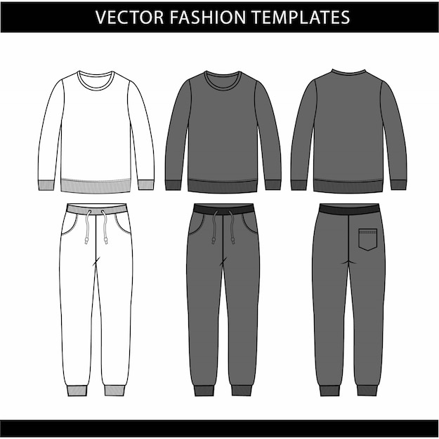 Vector plantilla de boceto plano de sudadera y pantalones de moda, traje de jogging en la parte delantera y trasera, traje de ropa deportiva