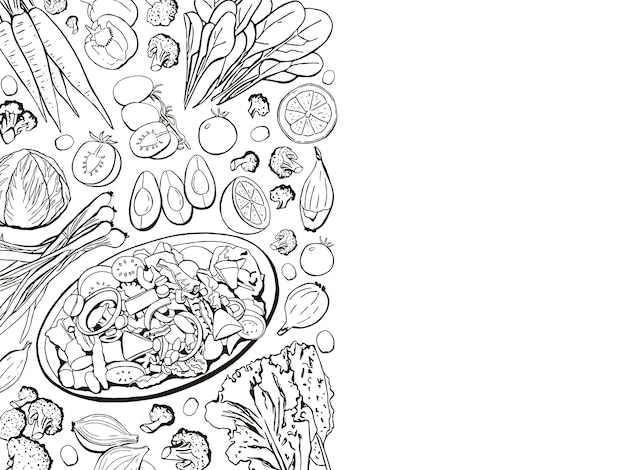 Plantilla de boceto vectorial de fondo de ensalada de verduras dibujada a mano