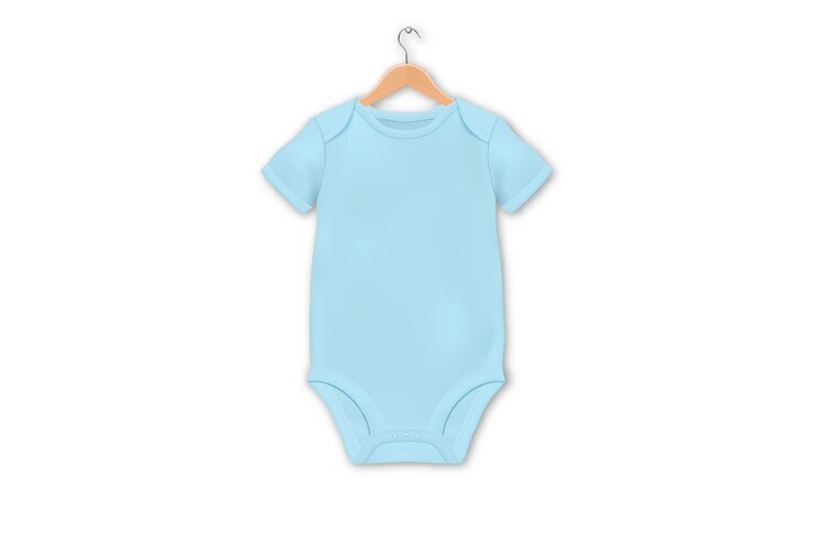 Vector plantilla de body de bebé en blanco azul realista vectorial en un primer plano de maqueta de percha aislado en fondo blanco cuerpo de lado frontal niños camisa de bebé onesie accesorios ropa para recién nacidos vista superior