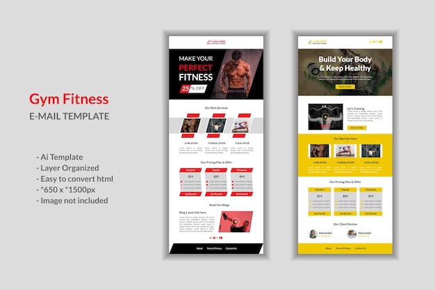 Plantilla de boletín de correo electrónico de gimnasio y fitness. Plantilla de interfaz de usuario de fitness mínima y diseño de banner acumulativo de gimnasio
