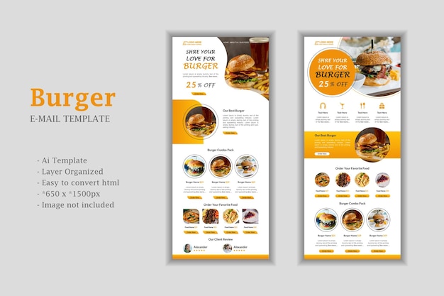 Plantilla de boletín de correo electrónico de restaurante de comida rápida. Interfaz de usuario mínima de alimentos y hamburguesas o diseño de banner acumulativo
