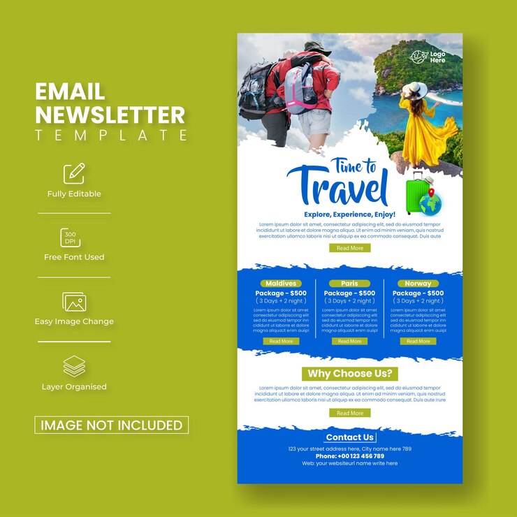 Vector plantilla de boletín informativo por correo electrónico de viajes y turismo o plantillas de interfaz de sitio web de blog de viajeros