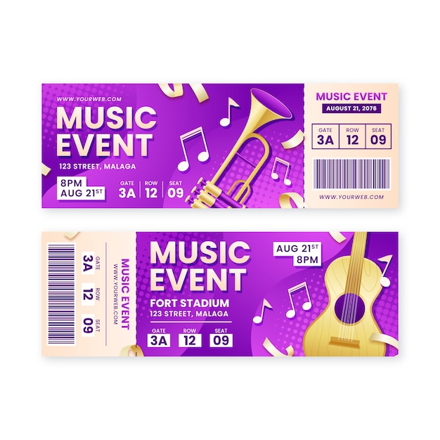 plantilla de boleto de evento de música en gradiente