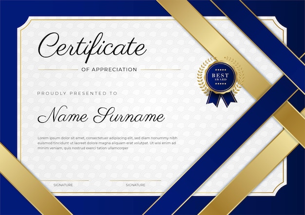 Plantilla y borde de certificado azul moderno para graduación e impresión de logros de honor de diploma de premio