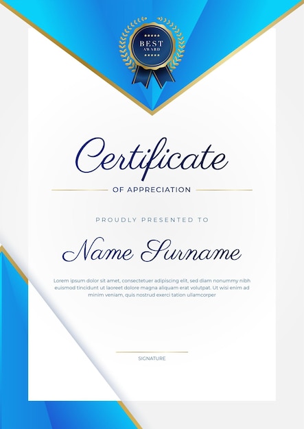 Plantilla y borde de certificado azul moderno para graduación e impresión de logros de honor de diploma de premio