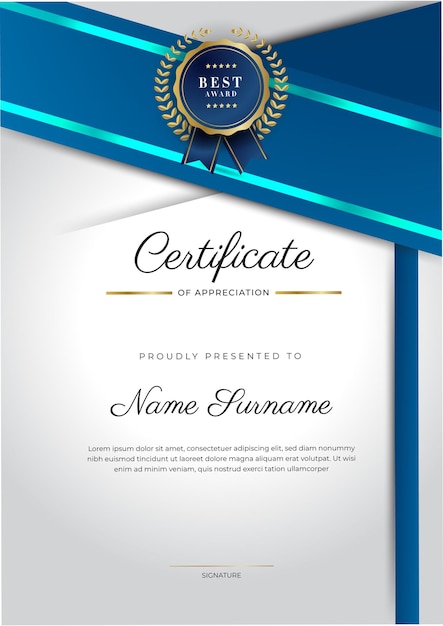 Plantilla y borde de certificado azul moderno para graduación e impresión de logros de honor de diploma de premio
