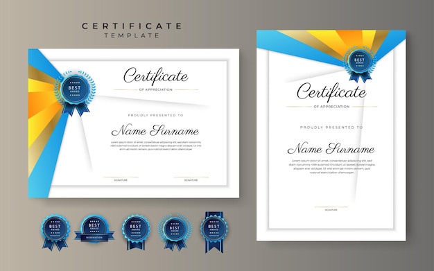 Plantilla de borde de certificado de logro azul y amarillo naranja con insignia de lujo y patrón de línea moderno Para las necesidades de negocios y educación de premios