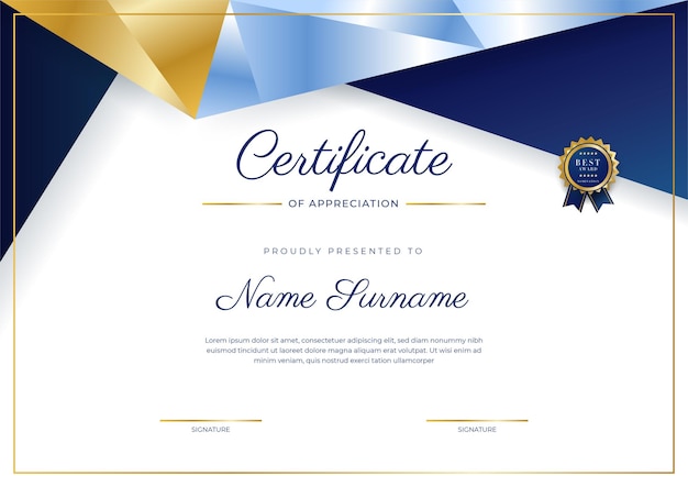 Plantilla de borde de certificado de logro azul y dorado con insignia de lujo y patrón de línea moderno Para las necesidades de negocios y educación de premios