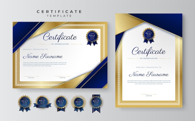 Plantilla de borde de certificado de logro azul y dorado con insignia de lujo y patrón de línea moderno Para las necesidades de negocios y educación de premios