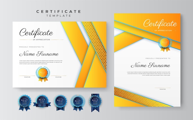 Plantilla de borde de certificado de logro azul y naranja amarillo con insignia de lujo y patrón de línea moderno para las necesidades de negocios y educación de premios