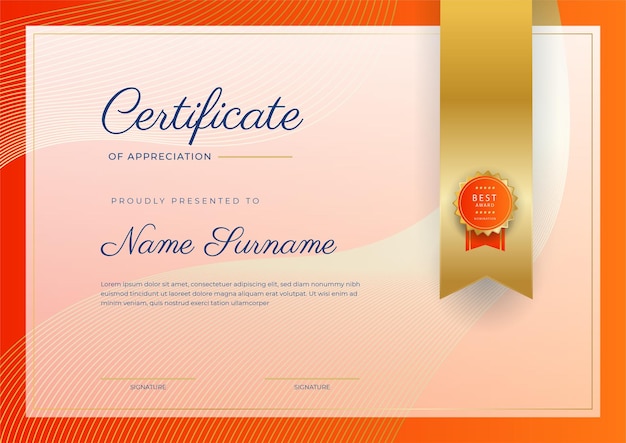 Plantilla de borde de certificado de logro azul naranja y dorado con insignia de lujo y patrón de línea moderno Para las necesidades de negocios y educación de premios