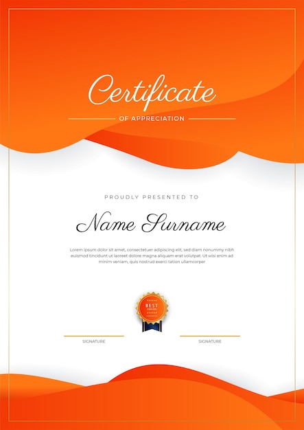 Plantilla de borde de certificado de logro azul naranja y dorado con insignia de lujo y patrón de línea moderno para las necesidades de negocios y educación de premios