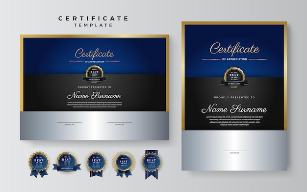 Plantilla de borde de certificado de logro azul y negro con insignia de lujo y patrón de línea moderno Para las necesidades de negocios y educación de premios