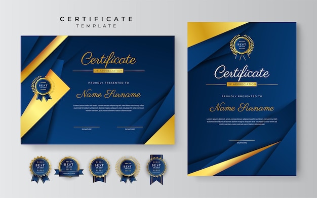 Plantilla de borde de certificado de logro azul oscuro y dorado con insignia de lujo y patrón de línea moderno Para las necesidades de negocios y educación de premios