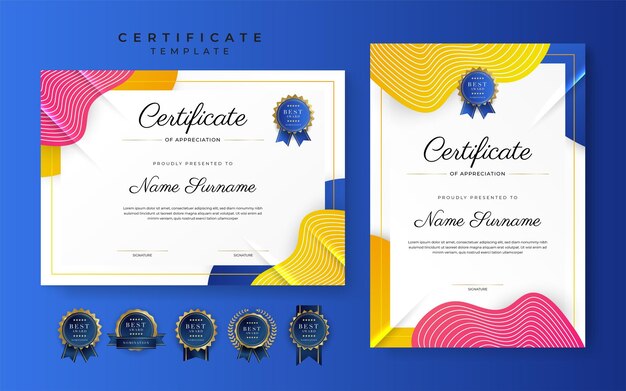 Plantilla de borde de certificado de logro azul rojo naranja rosa moderno con insignia de lujo y patrón de línea moderno Para las necesidades de negocios y educación de premios