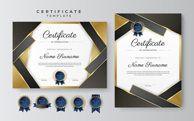Plantilla de borde de certificado de logro en negro y dorado con insignia de lujo y patrón de línea moderno Para las necesidades de negocios y educación de premios