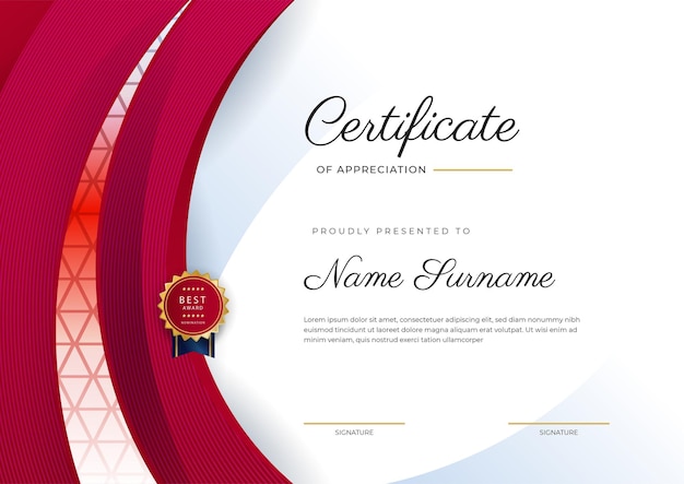 Plantilla de borde de certificado de logro rojo y dorado con insignia de lujo y patrón de línea moderno para las necesidades de negocios y educación de premios