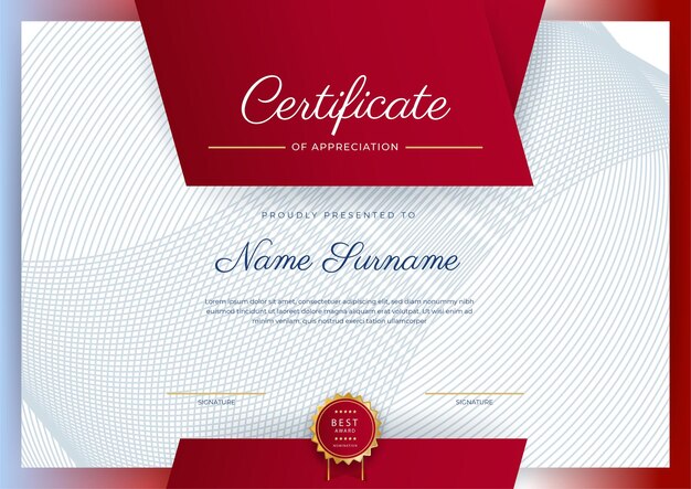 Plantilla de borde de certificado de logro rojo y dorado con insignia de lujo y patrón de línea moderno Para las necesidades de negocios y educación de premios