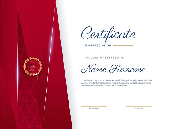 Plantilla de borde de certificado de logro rojo y dorado con insignia de lujo y patrón de línea moderno Para las necesidades de negocios y educación de premios