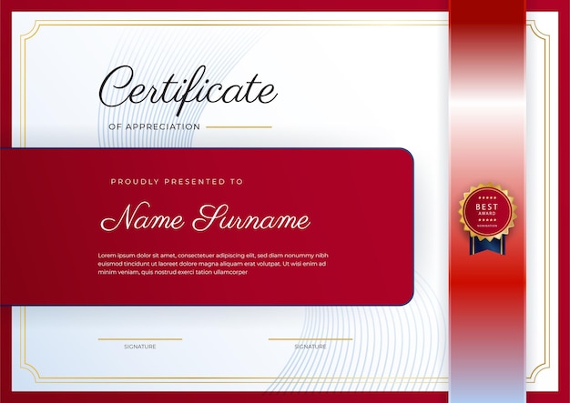Plantilla de borde de certificado de logro rojo y dorado con insignia de lujo y patrón de línea moderno Para las necesidades de negocios y educación de premios
