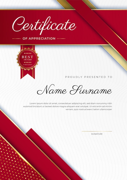 Plantilla de borde de certificado de logro rojo y dorado con insignia de lujo y patrón de línea moderno Para las necesidades de negocios y educación de premios