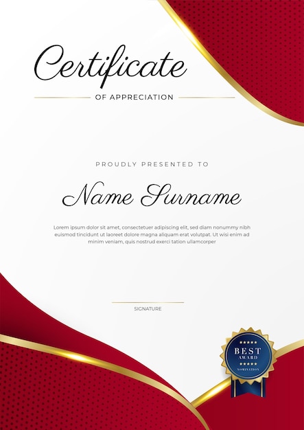 Plantilla de borde de certificado de logro rojo y dorado con insignia de lujo y patrón de línea moderno para las necesidades de negocios y educación de premios