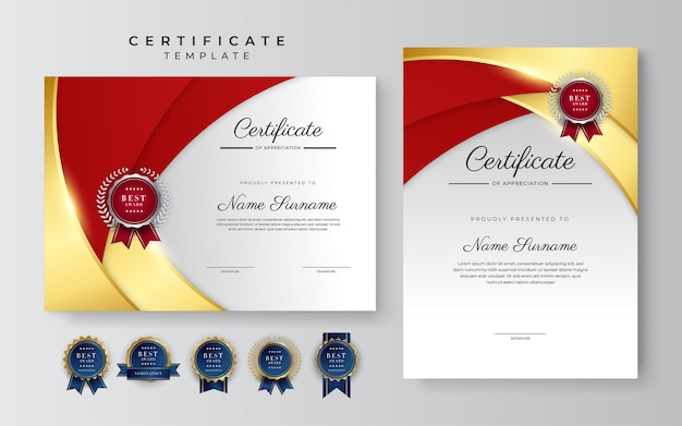 Plantilla de borde de certificado de logro rojo y dorado con insignia de lujo y patrón de línea moderno Para las necesidades de negocios y educación de premios