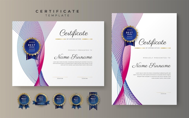 Plantilla de borde de certificado de logro de tecnología azul y rojo rosa moderna con insignia de lujo y patrón de línea moderno Para las necesidades de negocios y educación de premios