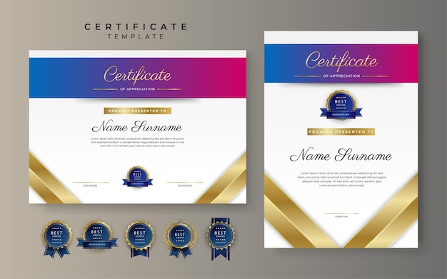 Plantilla de borde de certificado de logro de tecnología azul y rojo rosa moderna con insignia de lujo y patrón de línea moderno Para las necesidades de negocios y educación de premios