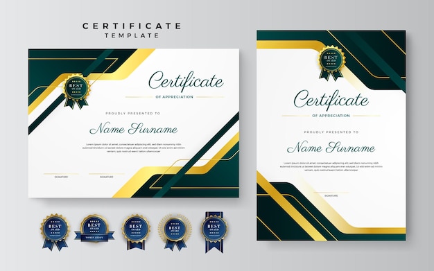 Plantilla de borde de certificado de logro verde y dorado con insignia de lujo y patrón de línea moderno Para las necesidades de negocios y educación de premios