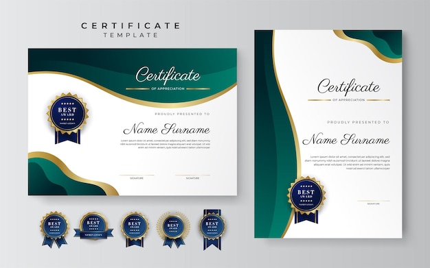 Plantilla de borde de certificado de logro verde negro y dorado con insignia de lujo y patrón de línea moderno Para necesidades de negocios y educación de premios Plantilla de certificado de vector