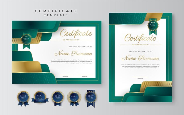 Plantilla de borde de certificado de logro verde negro y dorado con insignia de lujo y patrón de línea moderno Para las necesidades de negocios y educación de premios