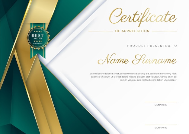 Plantilla de borde de certificado de logro verde negro y dorado con insignia de lujo y patrón de línea moderno para las necesidades de negocios y educación de premios