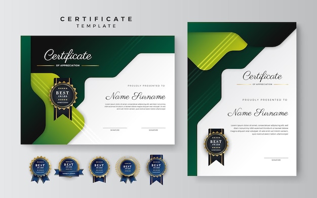 Plantilla de borde de certificado de logro verde oscuro y negro con insignia de lujo y patrón de línea moderno para las necesidades de negocios y educación de premios