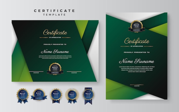 Plantilla de borde de certificado de logro verde oscuro y negro con insignia de lujo y patrón de línea moderno para las necesidades de negocios y educación de premios