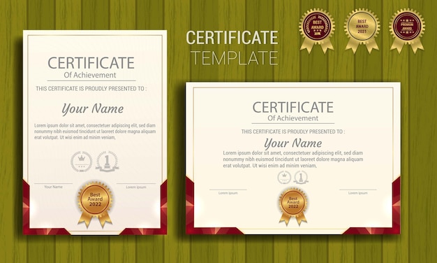 Plantilla de borde de certificado de reconocimiento rojo y dorado con insignia de lujo y patrón de línea moderna