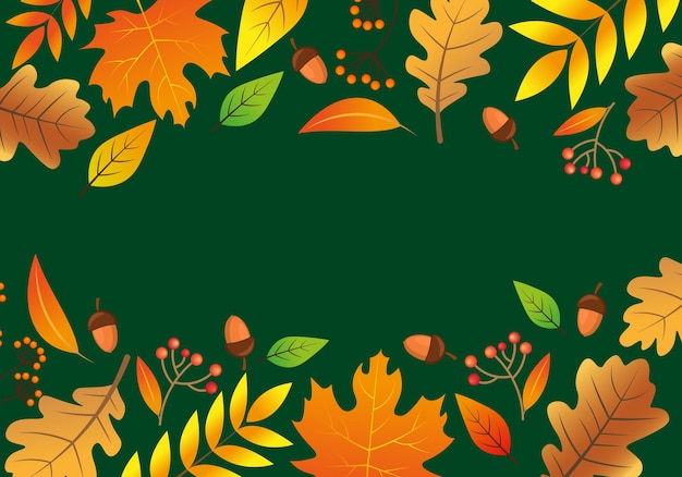 Plantilla de borde de vector de hojas de otoño Fondo verde oscuro de otoño con hojas coloridas y bellota